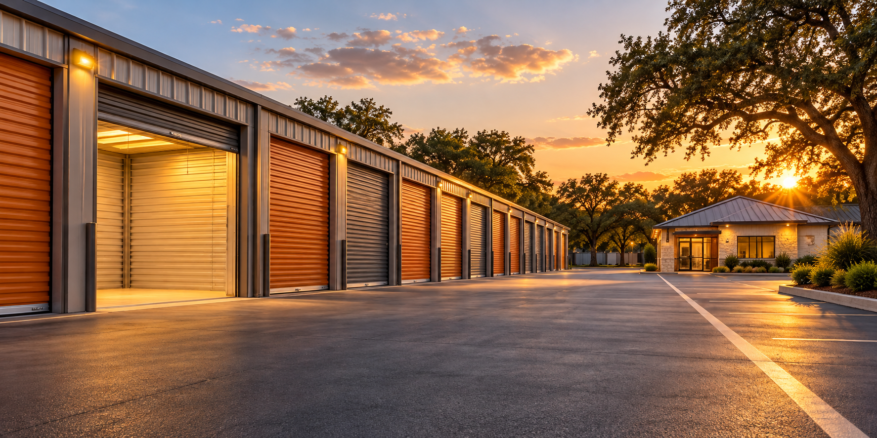 A self-storage facility at golden hour, its orange roll-up doors in a row with one door open and lit from inside.